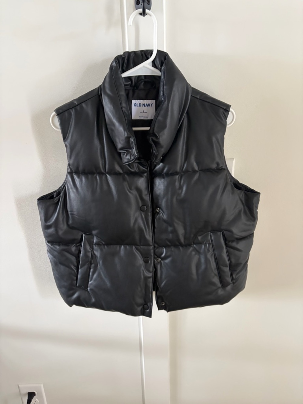Old Navy Faux Leather Black Quilted Puffer Vest